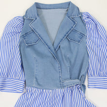 Load image into Gallery viewer, Stripe digital print stitched stand collar denim dress AY2131
