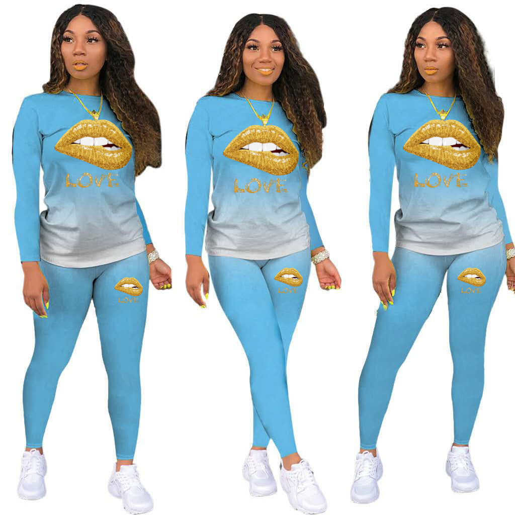 Gradient color female lip printing suit