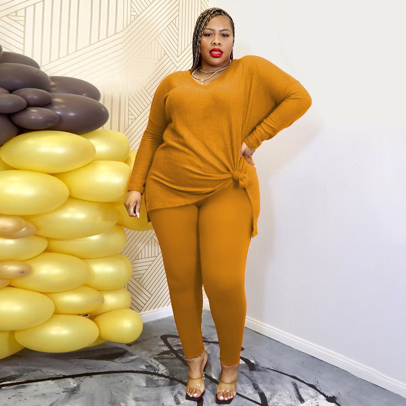 Fashion Solid Color V-Neck Casual Two Piece Set（AY2305）