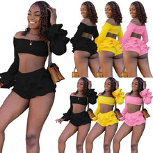 Load image into Gallery viewer, Cute off shoulder wooden ear edge bubble sleeve two-piece set AY2747
