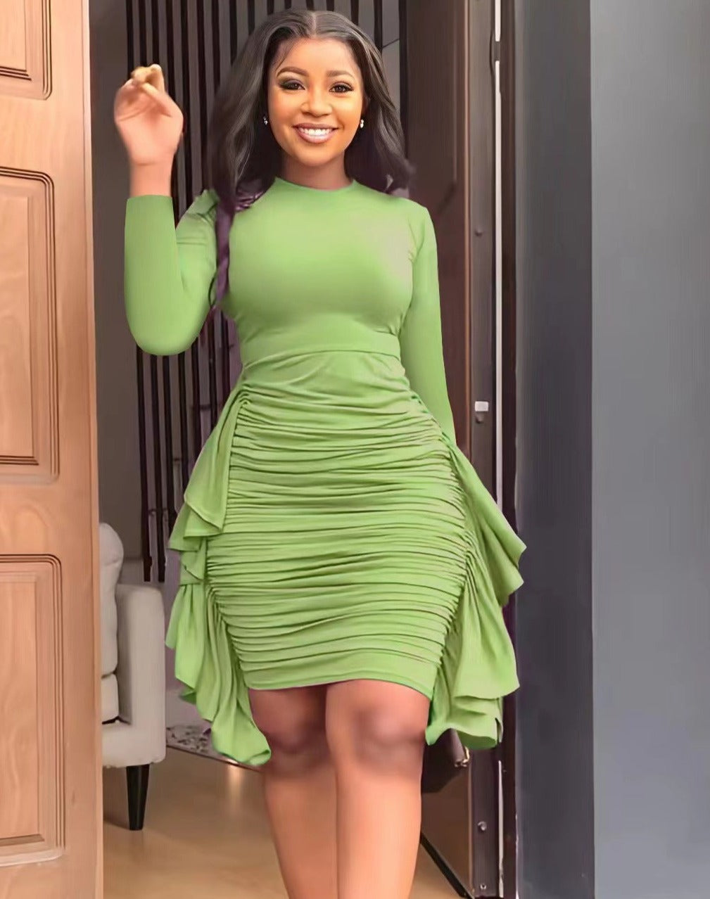 Irregular Ruffle Fitted Pleated Dress（AY2205）