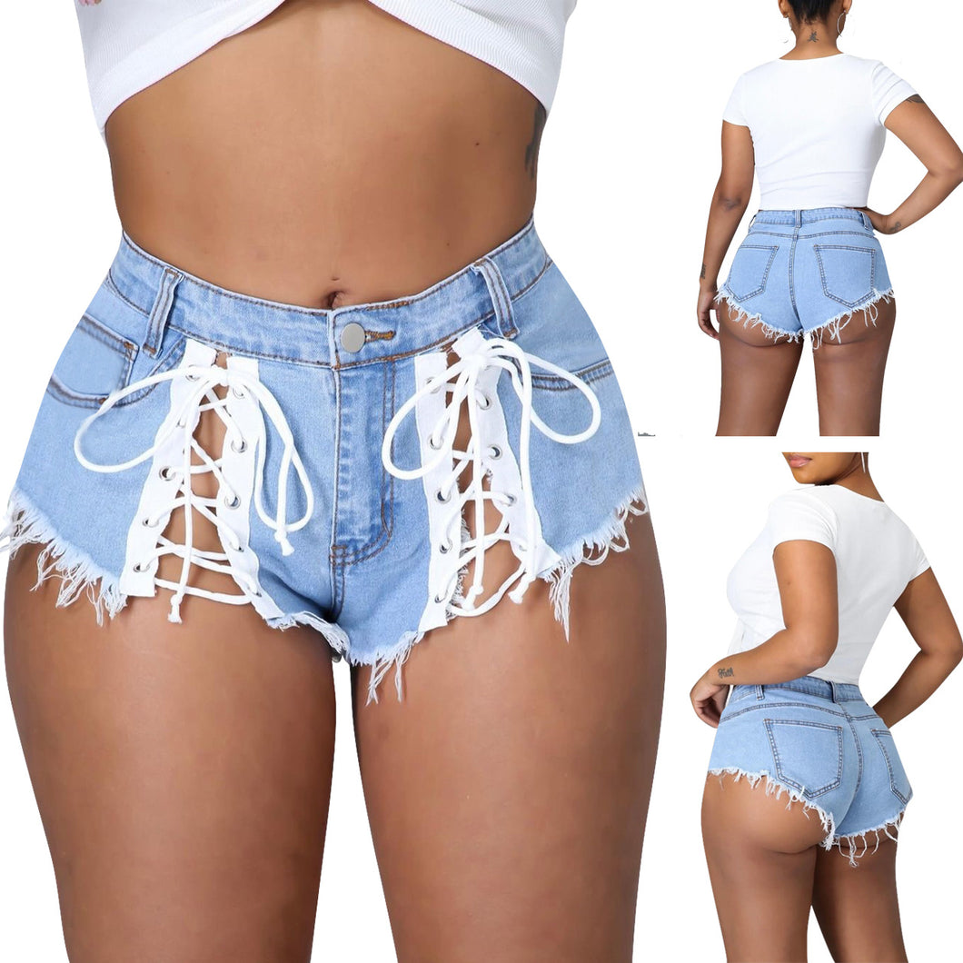 Lace up fringed denim shorts（AY2263）