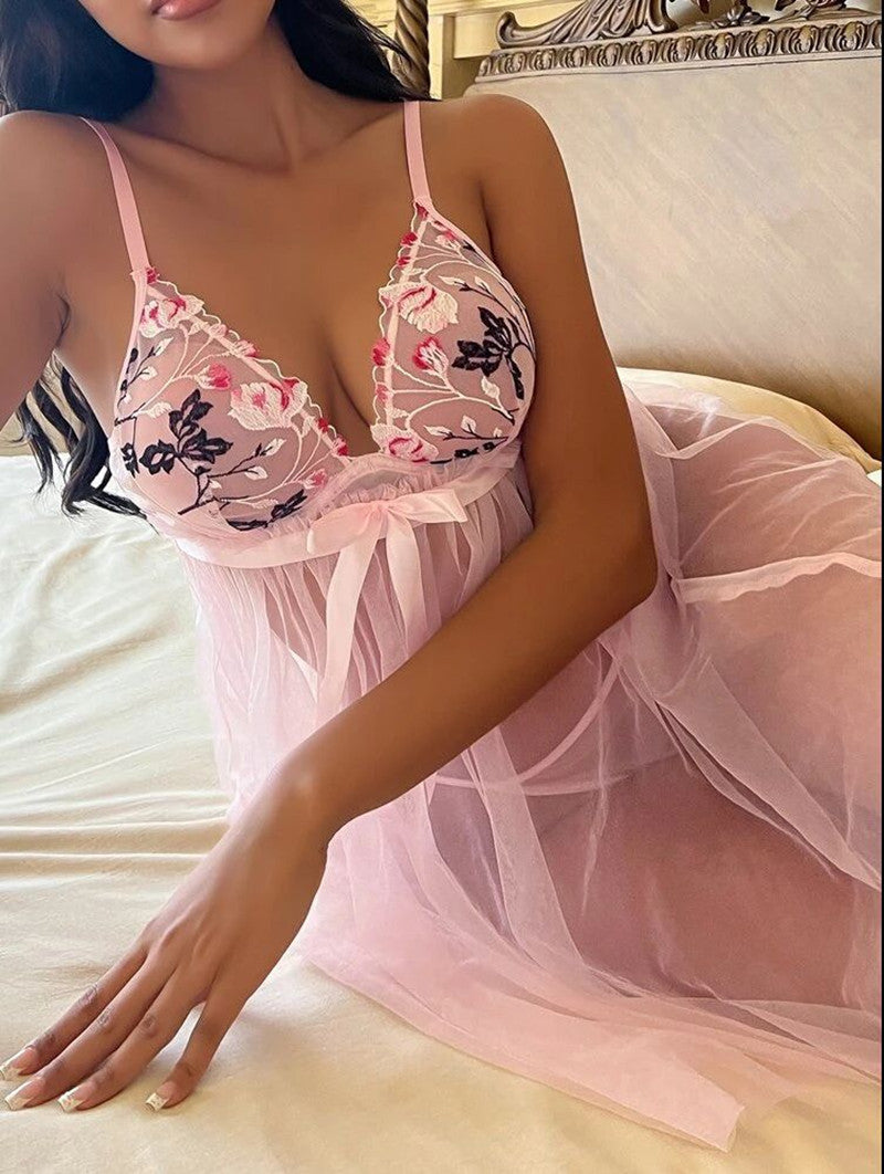 Sexy Embroidered Pink Sheer Sling Nightdress（AY2301）