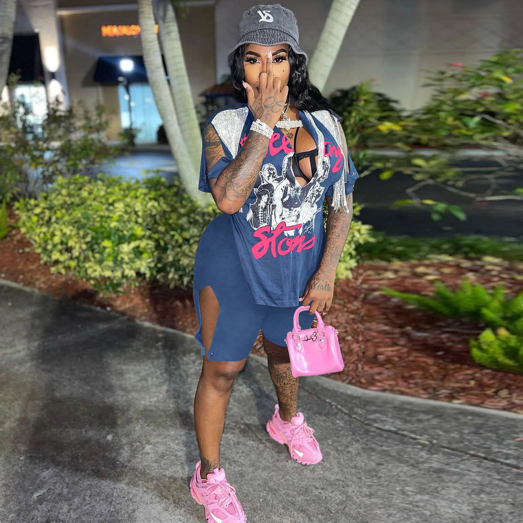 New Street split tassel T-shirt Shorts Set AY1933