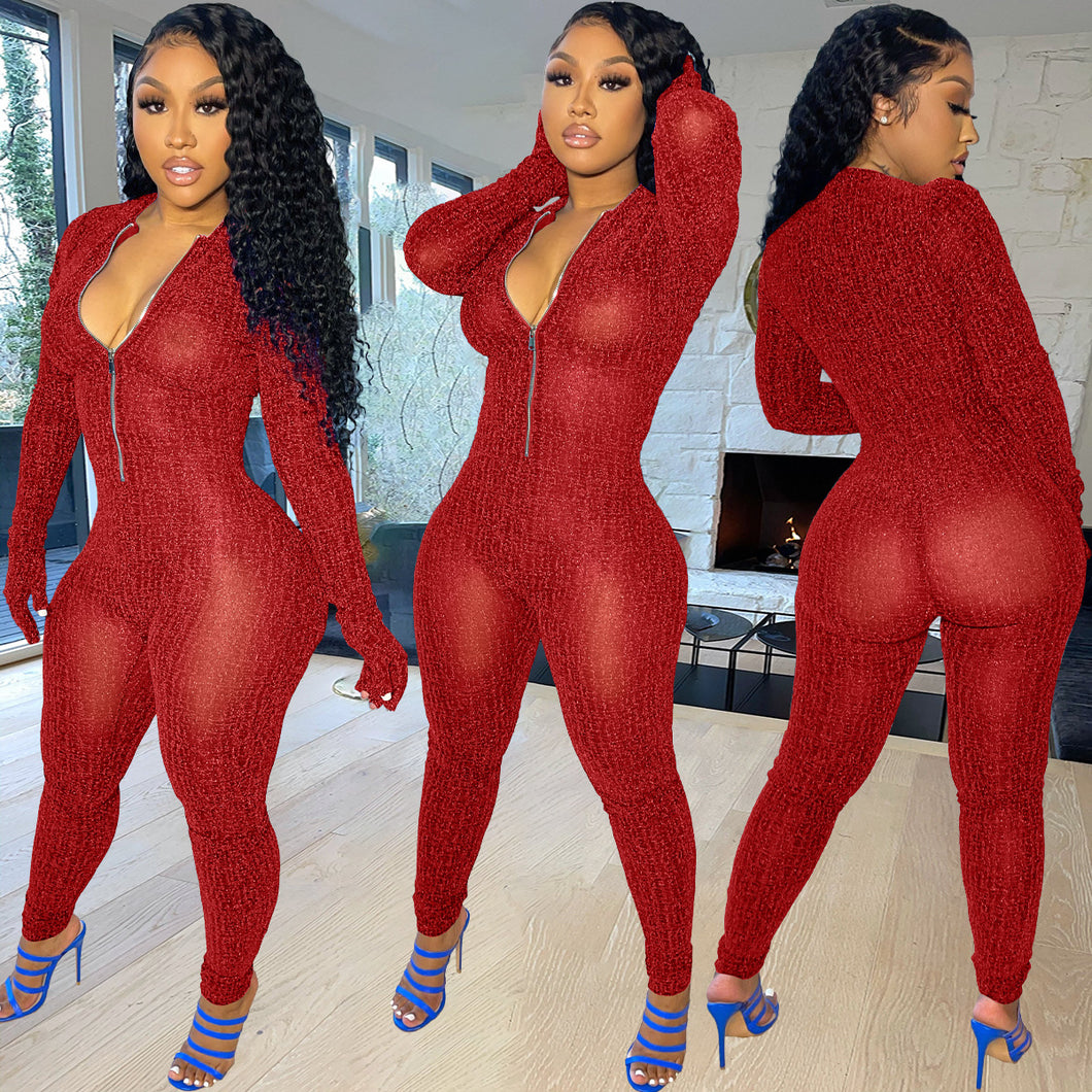 Solid color mesh long sleeve jumpsuit（AY1587）