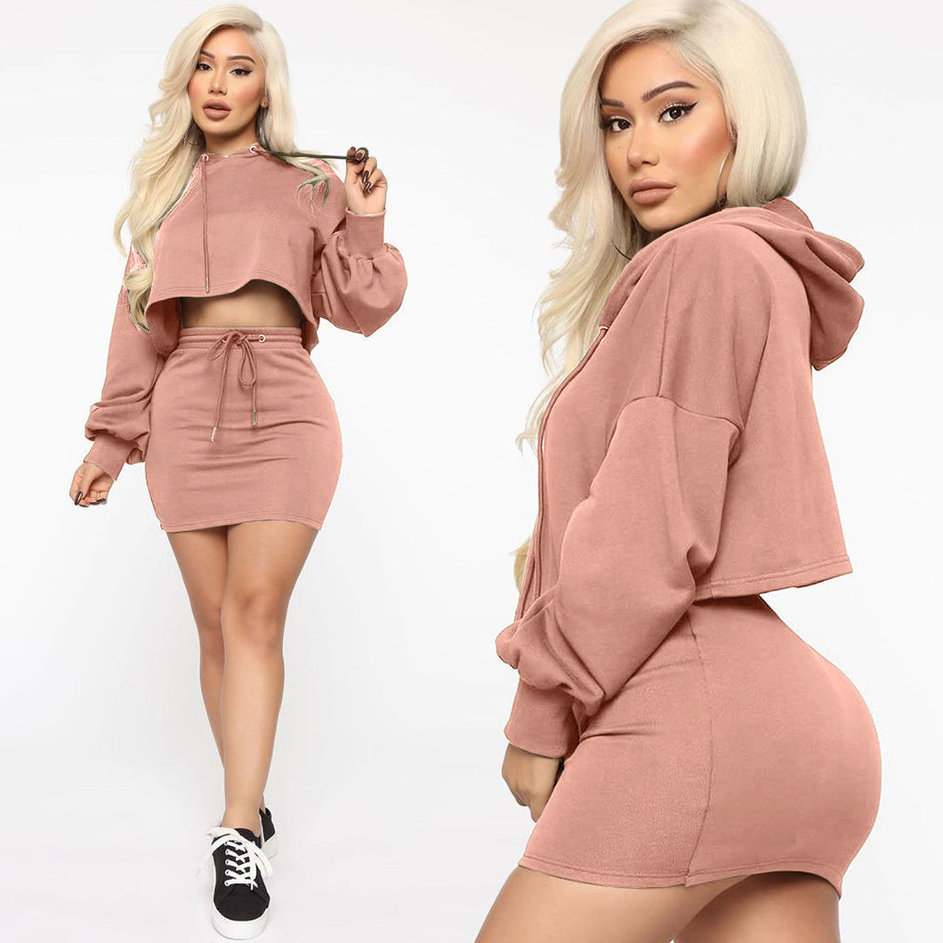 Hooded strappy solid color skirt suit AY1175
