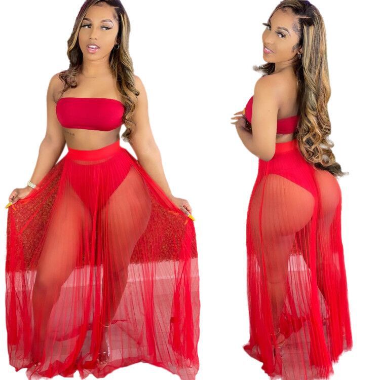 Pleated mesh chest wrap two-piece set AY1944