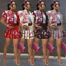 Load image into Gallery viewer, Printed bomber fashion jacket pleated skirt two-piece set AY2671
