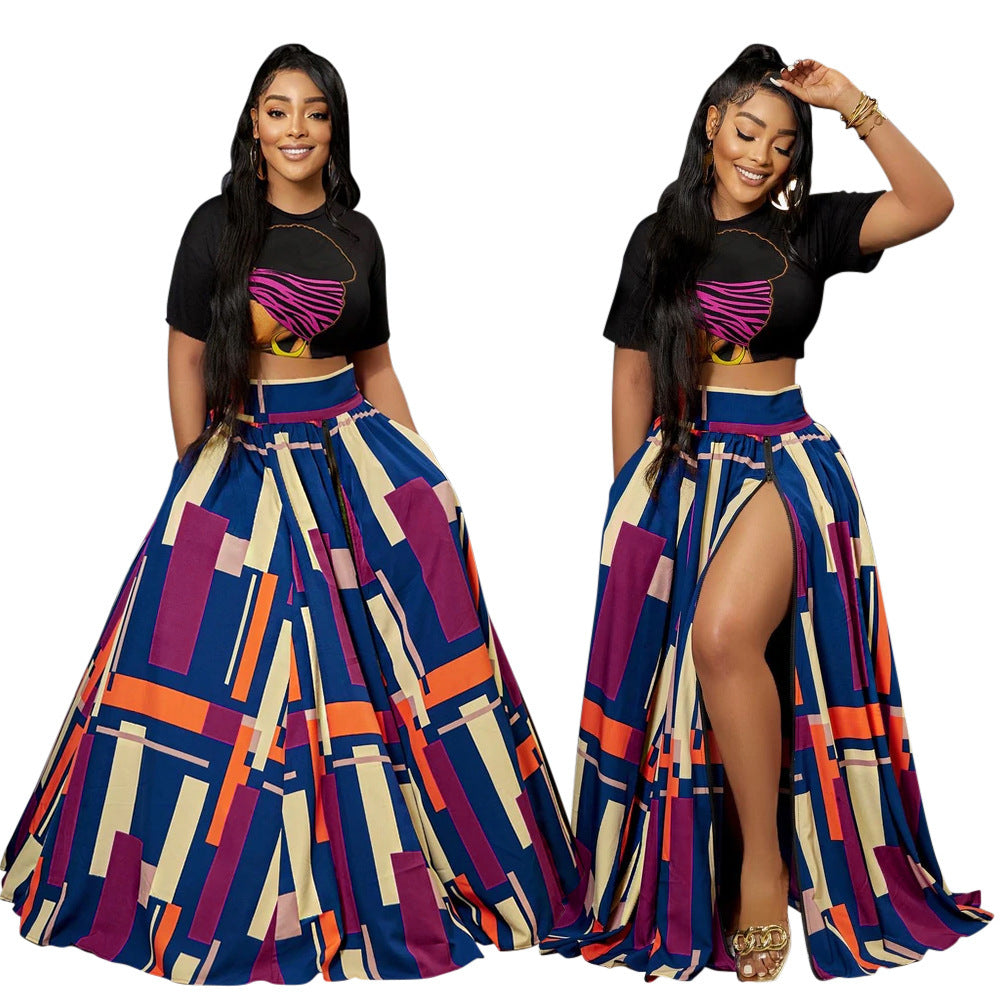 Slit Skirt Print Top Two Piece Set（AY2221）