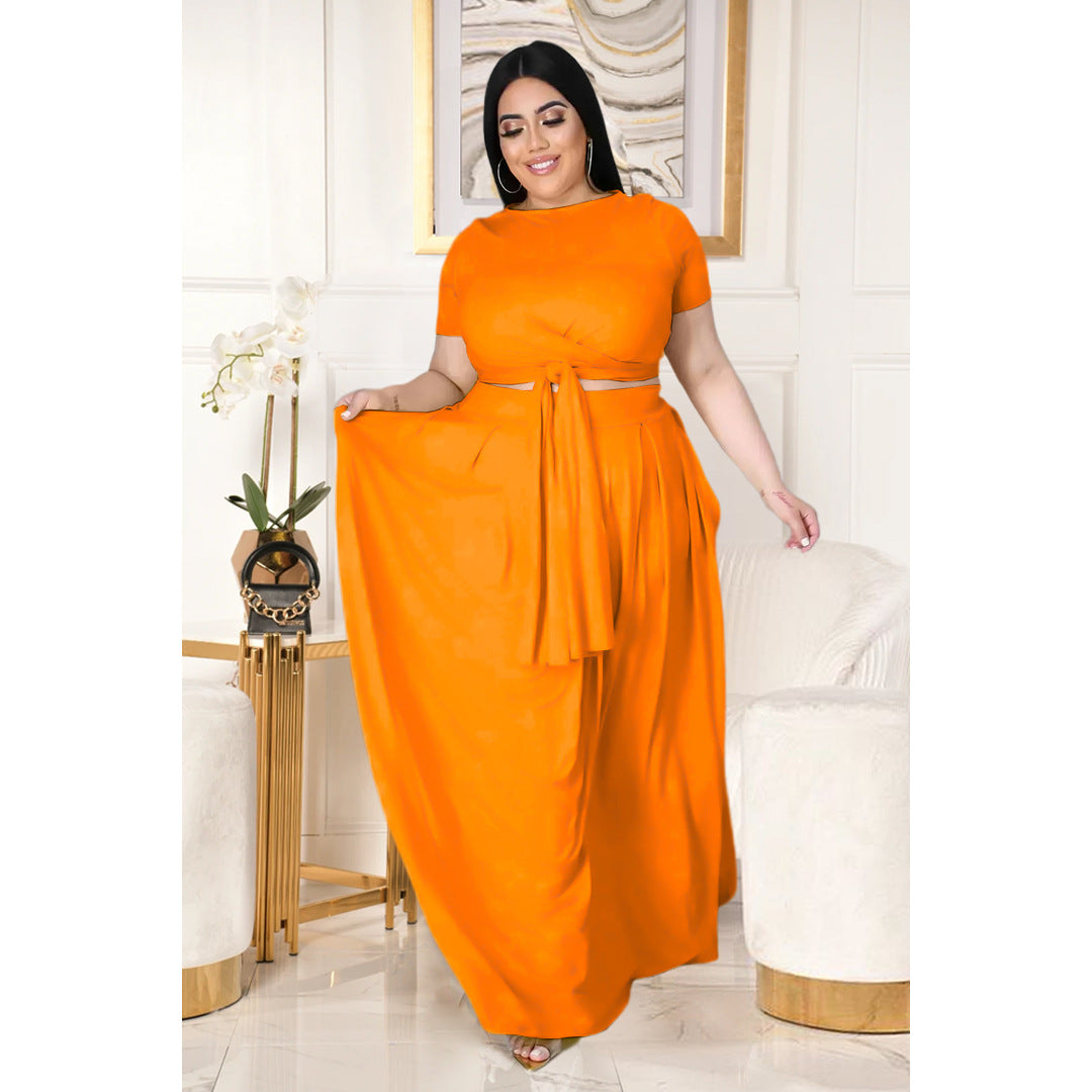 Plus size solid color cross strap swing skirt suit AY1171