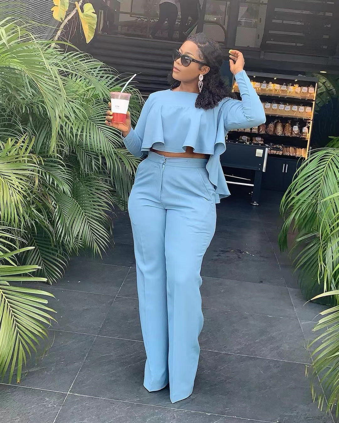 Fashion solid color pleated wide leg two-piece （AY1305）