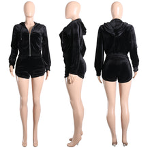 Load image into Gallery viewer, Solid Velvet Ruffle Hoodie Shorts Set（AY2259）

